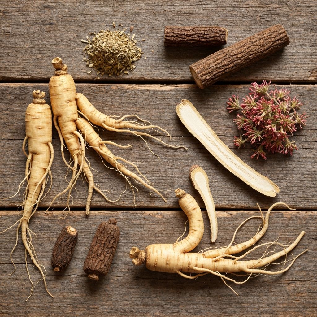 Dried plant roots and botanicals arranged on natural surface